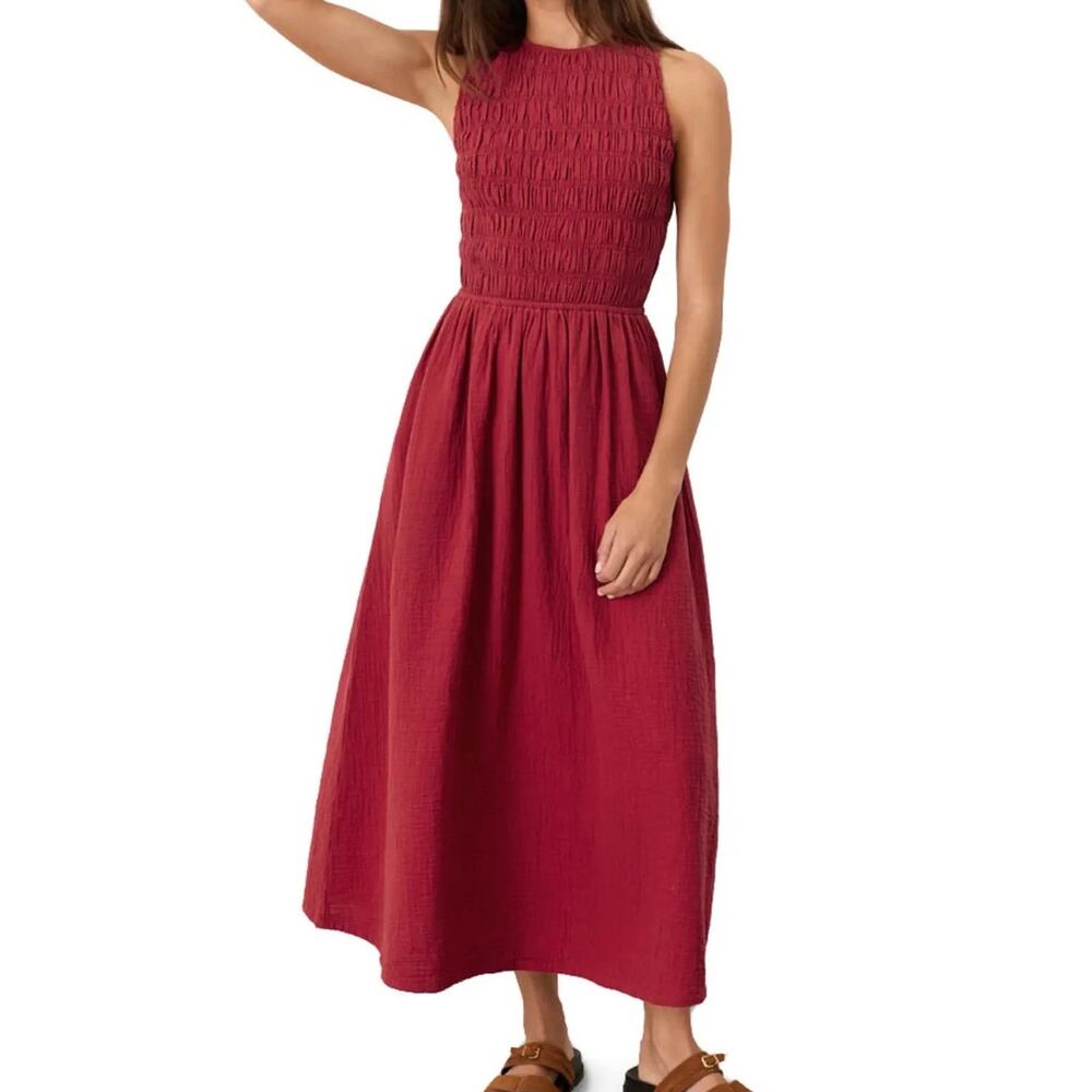 Pact (M) Organic Cotton Double Gauze Smocked Midi Dress Red Minimalist Coastal